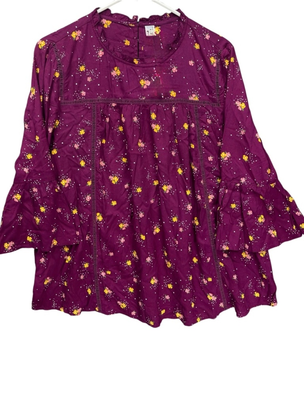 Old Navy Floral Boho Peasant Blouse Medium Maroon Bell Sleeve Cottagecore - Picture 4 of 7